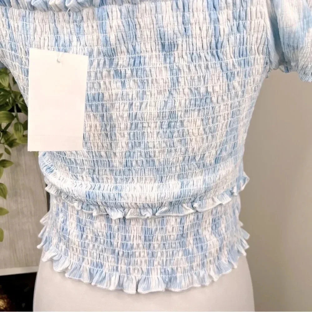 LUSH Blue and White Swirl Smocked Short Puff Sleeve Crop Top NEW Size M - Picture 8 of 12